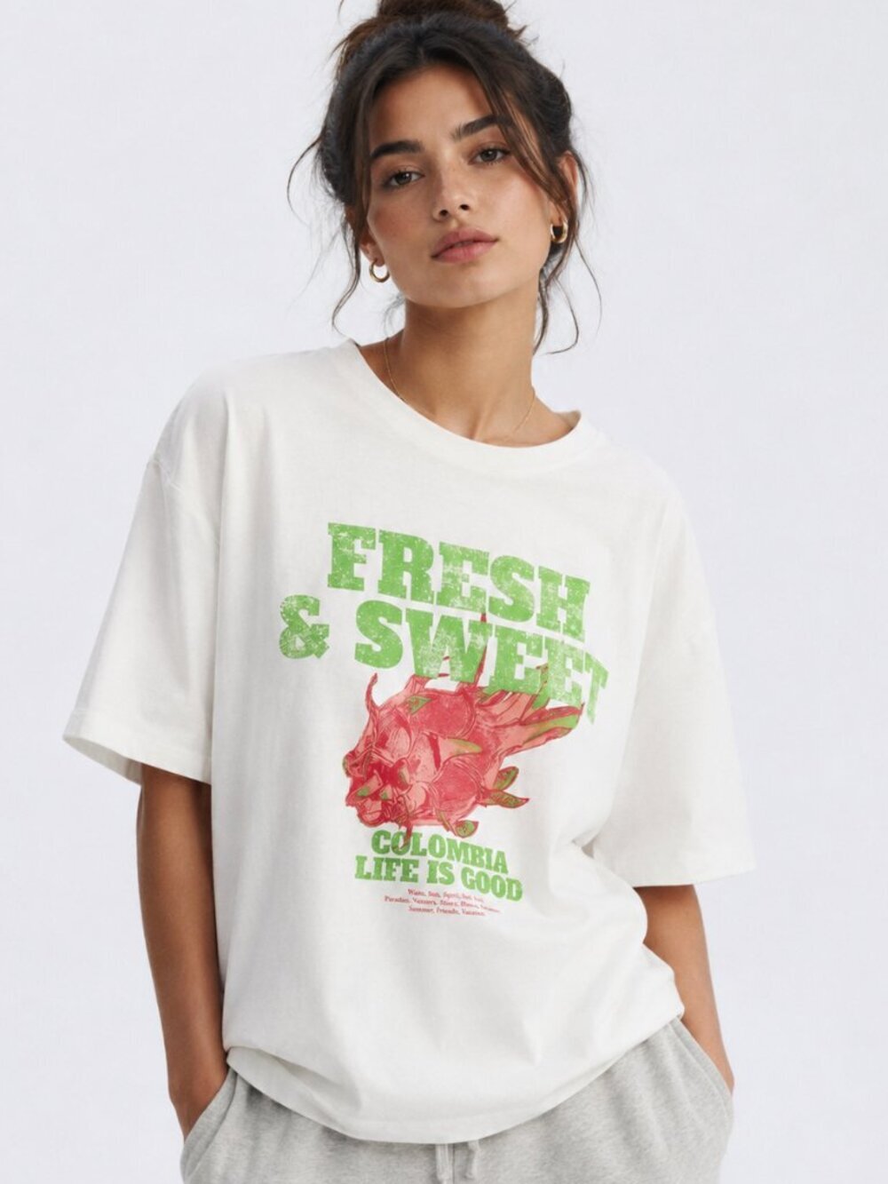 Zara Cotton Oversized T Shirt Short Sleeve Dragonfruit Beach White Pink Medium